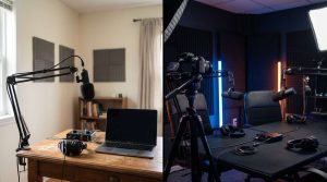 Split image comparing a home podcast setup with a professional podcast studio in Dublin