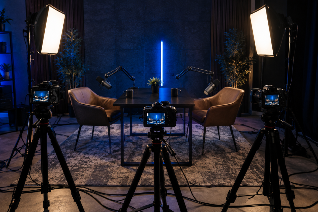 Podcast Equipment List: Full Audio and Video Setup 3 Cinematic Blue Lit Podcast Studio